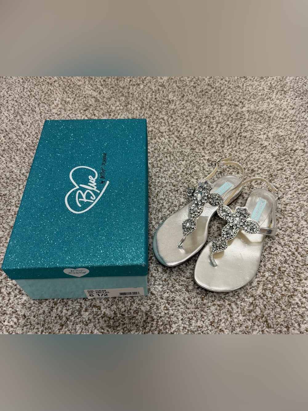 Betsey Johnson Silver Jeweled T-Strap Sandals